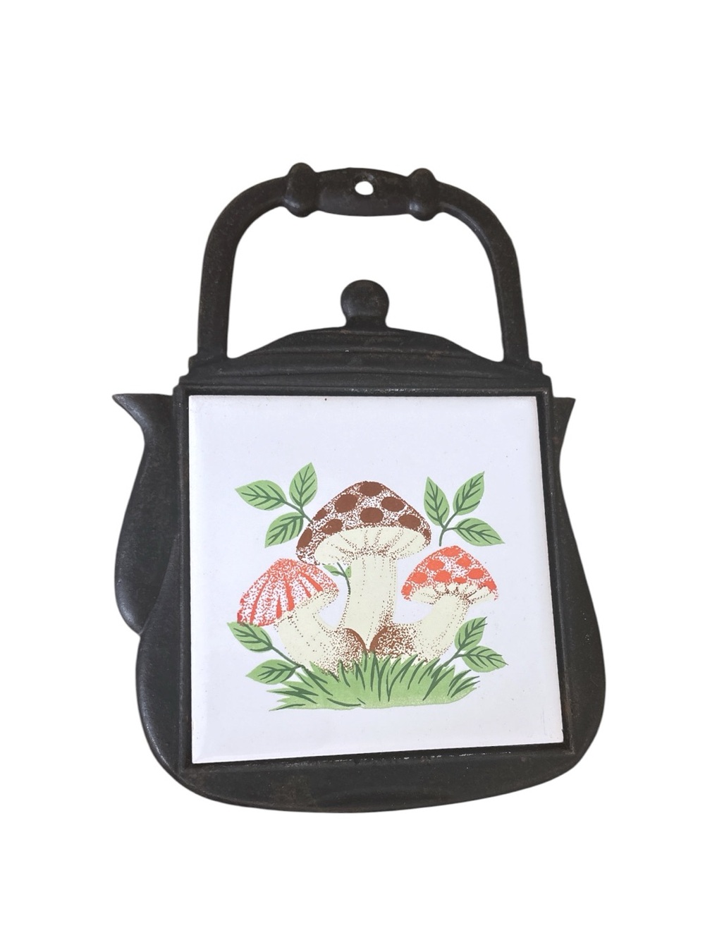 Vintage 1970s Cast Iron and Mushroom Ceramic Tile Trivet Teapot